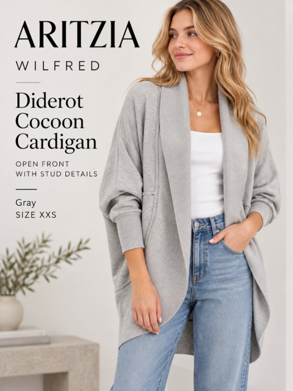 Aritzia Wilfred Diderot Studded Open Front Cocoon Cardigan Gray SIZE XXS